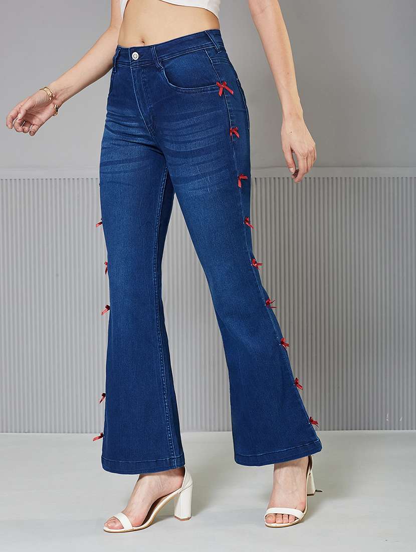 women solid high rise bow detailed bootcut jeans