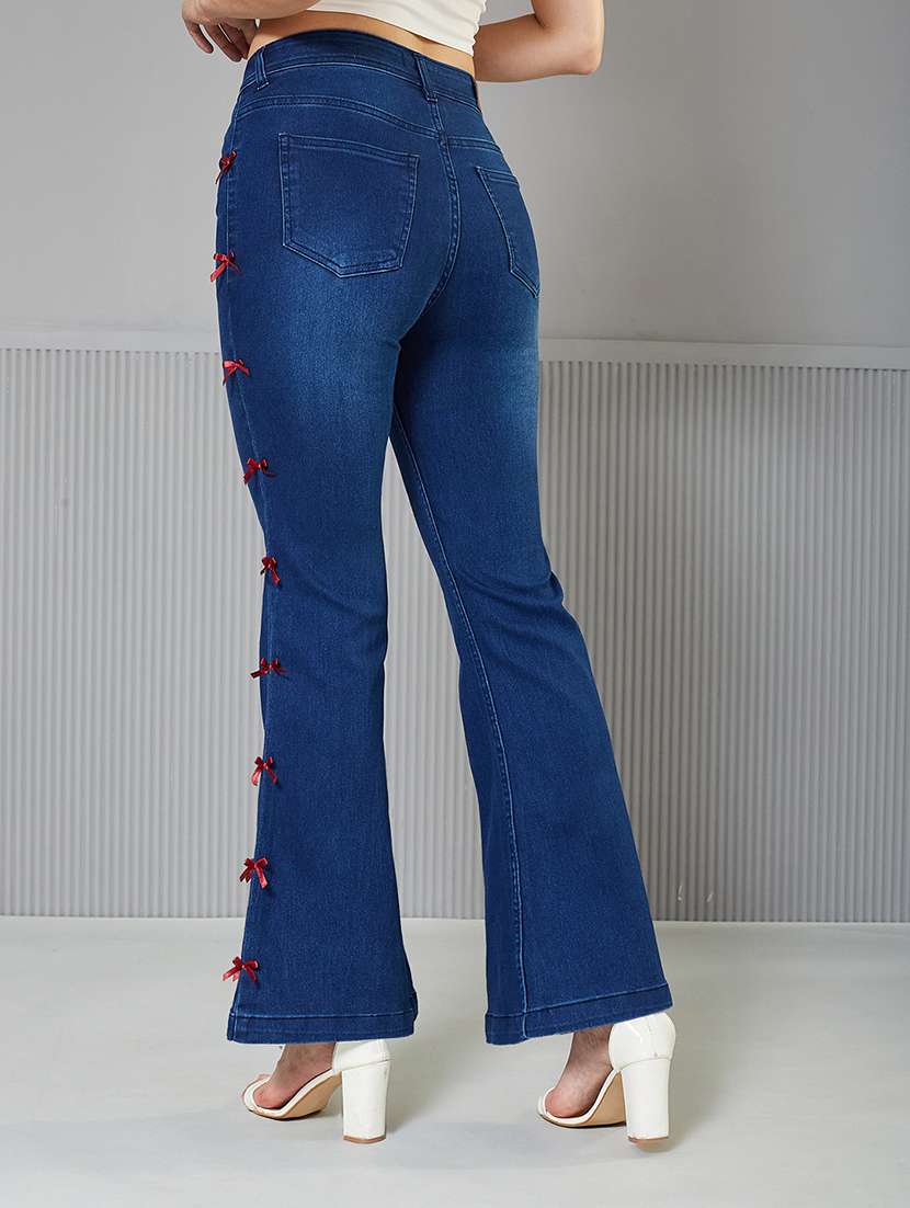 women solid high rise bow detailed bootcut jeans - 22362240 -  Standard Image - 2