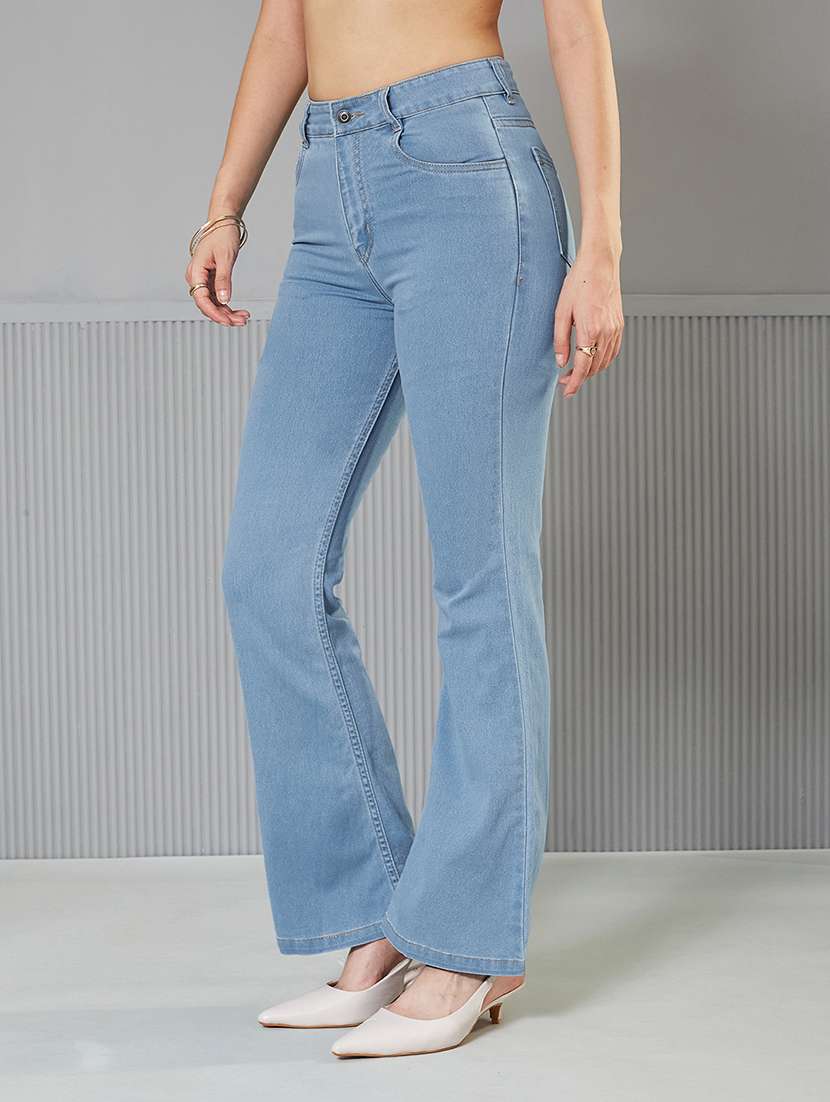 women solid high rise bootcut jeans
