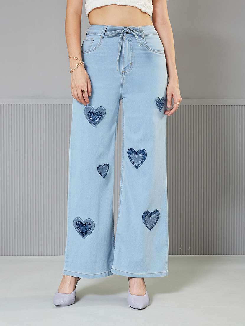 women patched high rise wide leg jeans