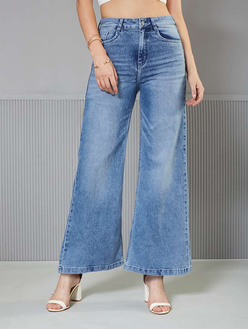 women solid high rise wide leg jeans