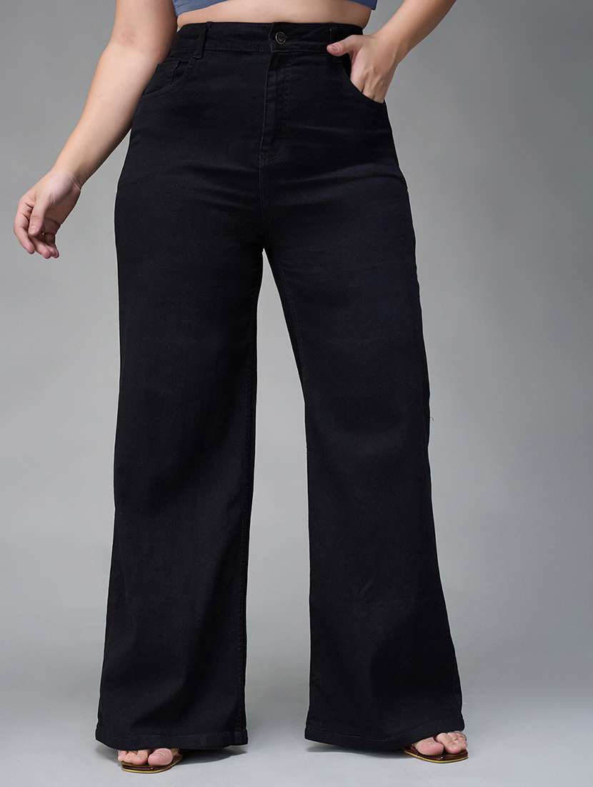 womne plus size solid high rise wide leg jeans