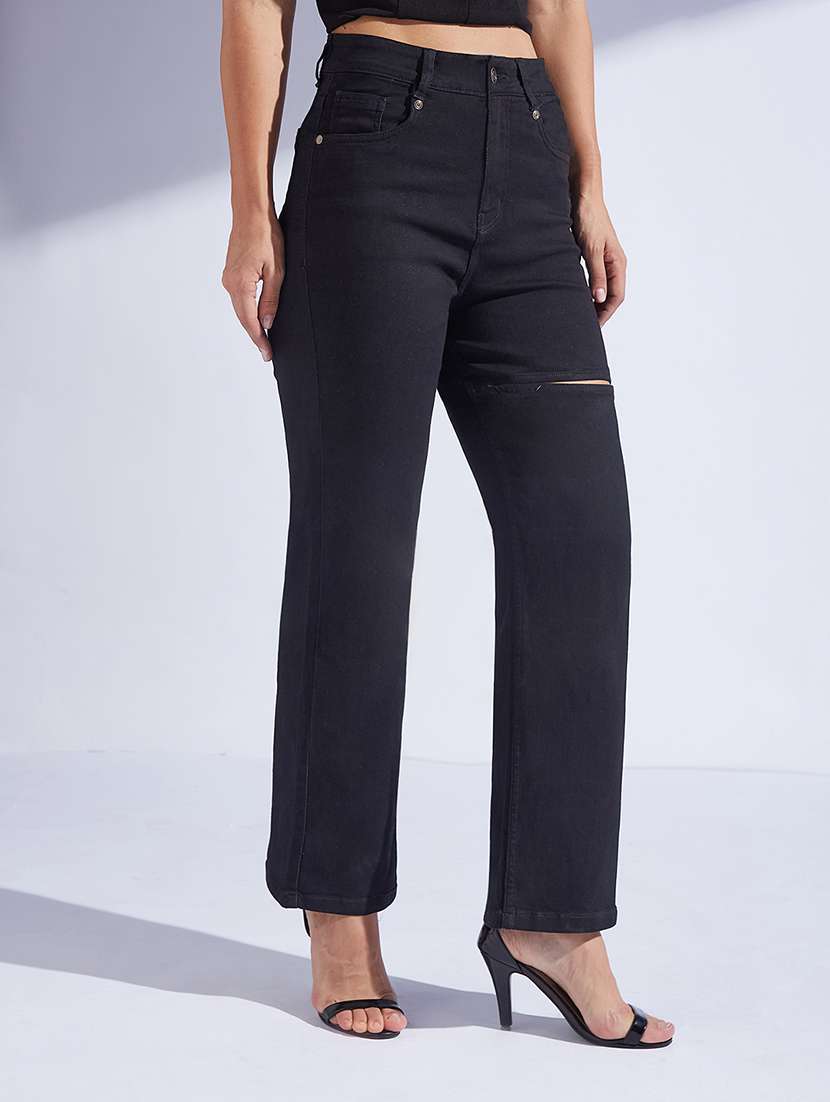 women distressed high rise bootcut jeans