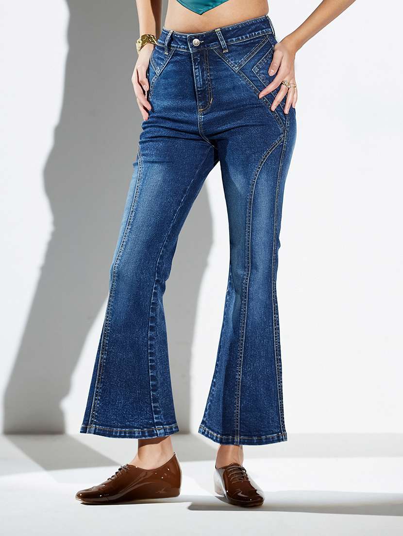 women solid high rise bootcut jeans