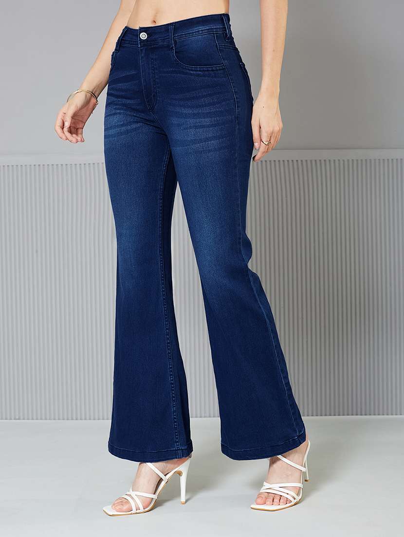 women solid high rise bootcut jeans