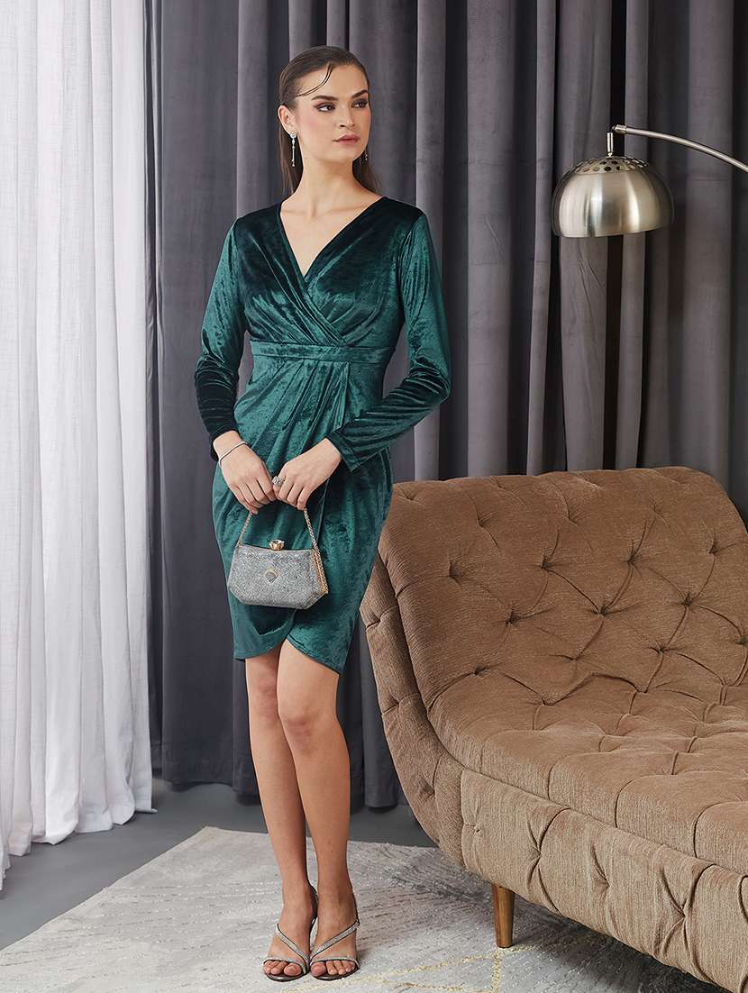 women solid long sleeve velvet bodycon dress