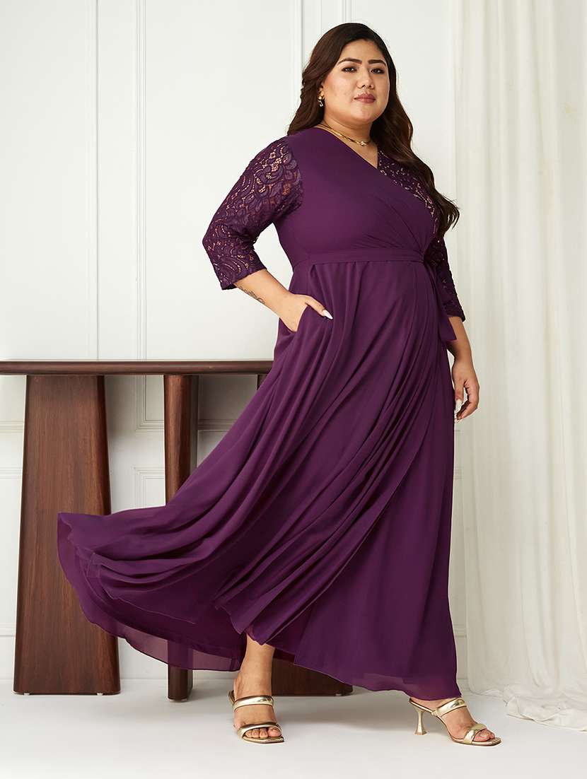 women plus size solid long sleeve lace wrap dress - 22362473 -  Standard Image - 2