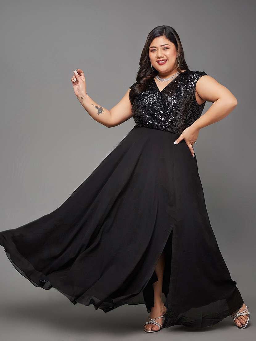women plus size solid sequined fit and flared dress - 22362497 -  Standard Image - 2