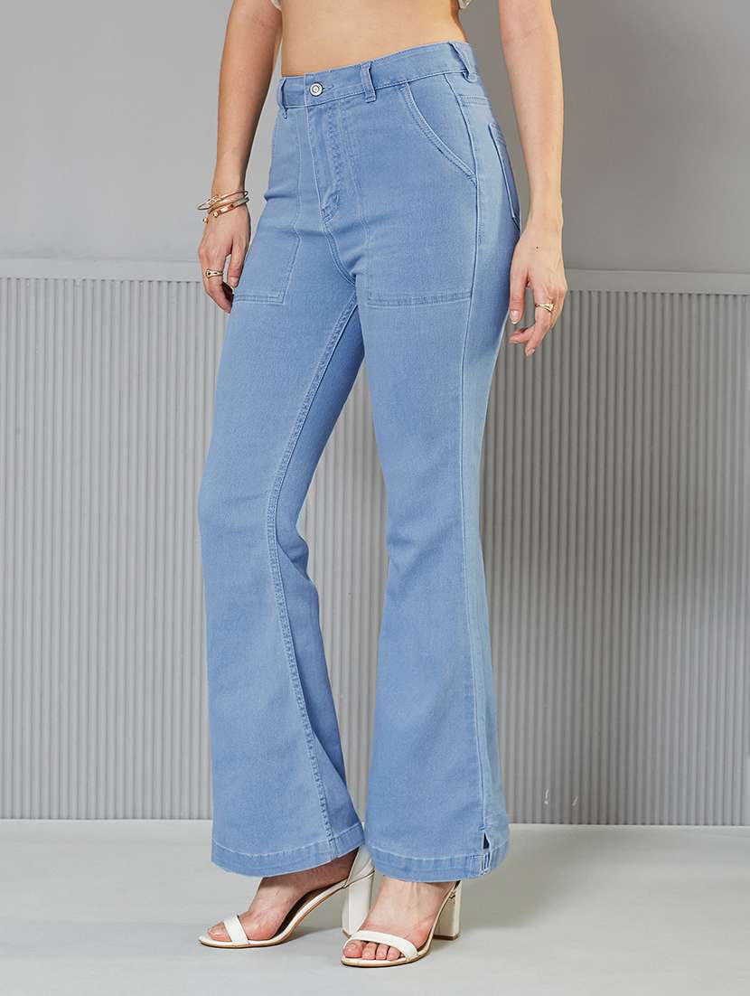 women solid high rise bootcut jeans