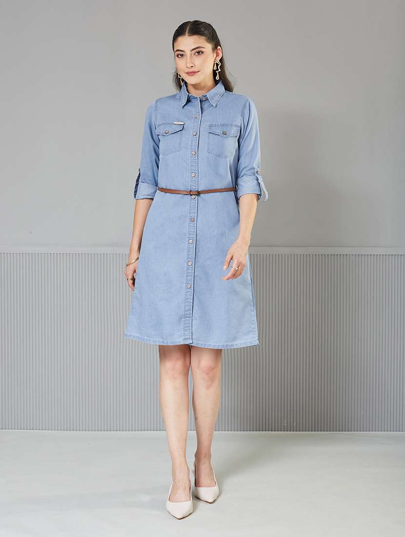 women solid collared denim shirt dress