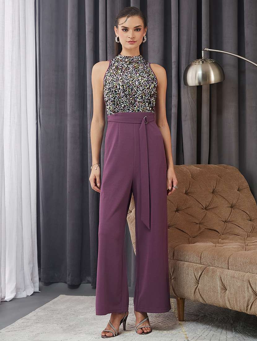 women sequined halter neck sleeveless jumpsuit