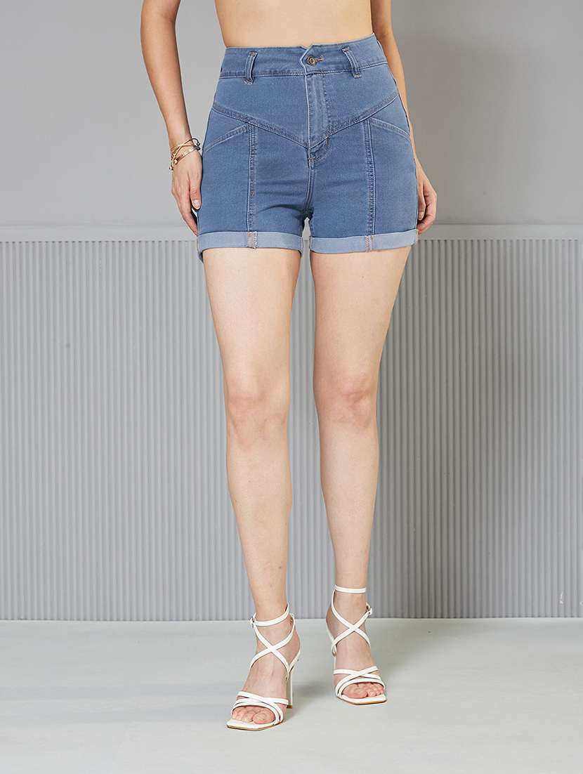 women solid high rise denim shorts