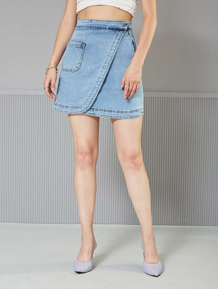 women solid high rise denim skirt