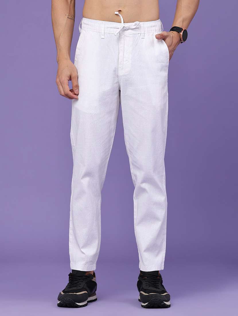 men solid mid rise flat front casual trouser