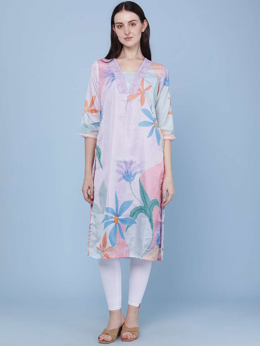 women printed three quarter sleeves straight kurta - 22362977 -  Standard Image - 2