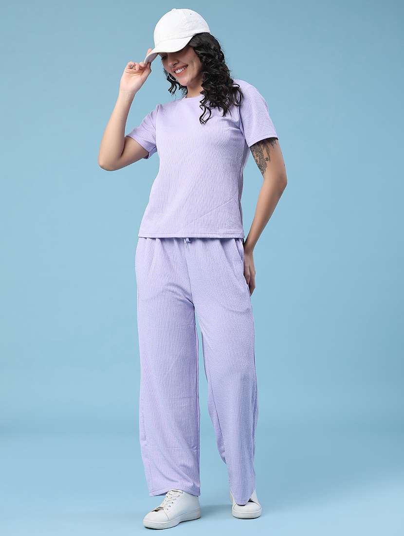 women solid round neck t-shirt and trouser co-ord set