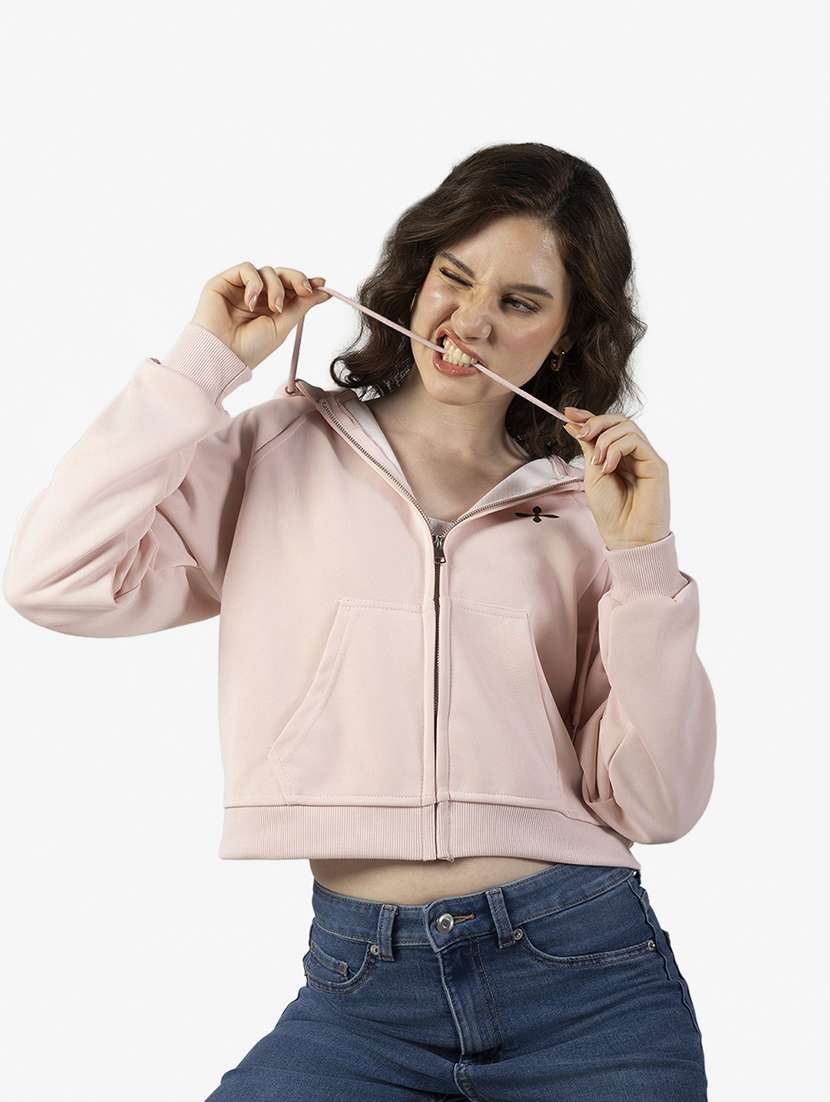 women solid long sleeve hooded crop sweatshirt
