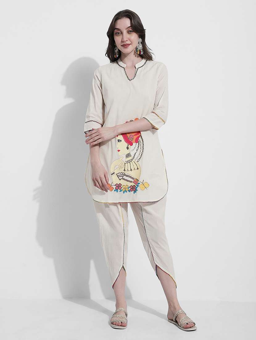 women solid with work three quarter sleeve dhoti kurta set