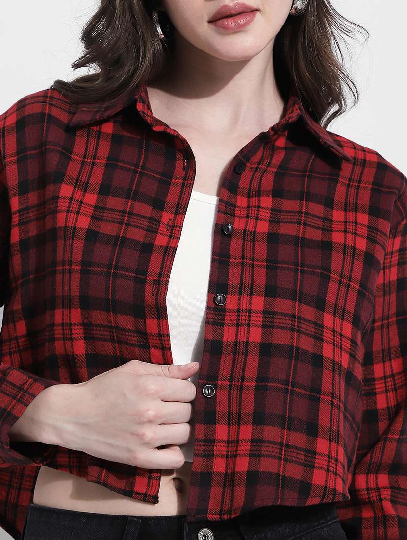 women checkered long sleeve crop shirt - 22363280 -  Standard Image - 2