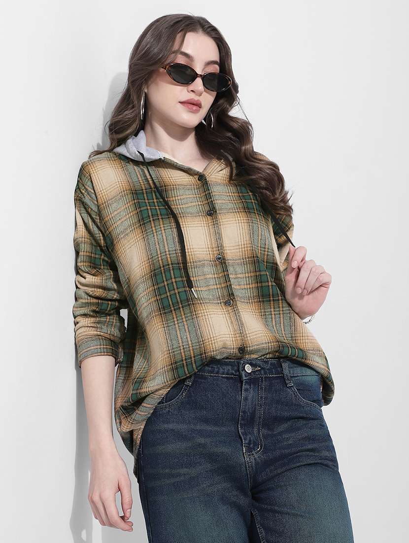 women checkered long sleeve hooded shirt