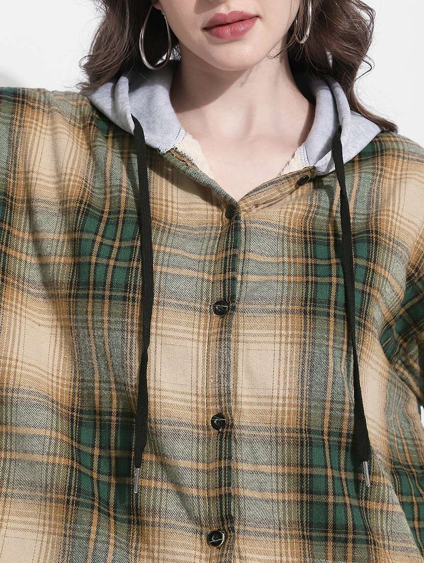women checkered long sleeve hooded shirt - 22363281 -  Standard Image - 2