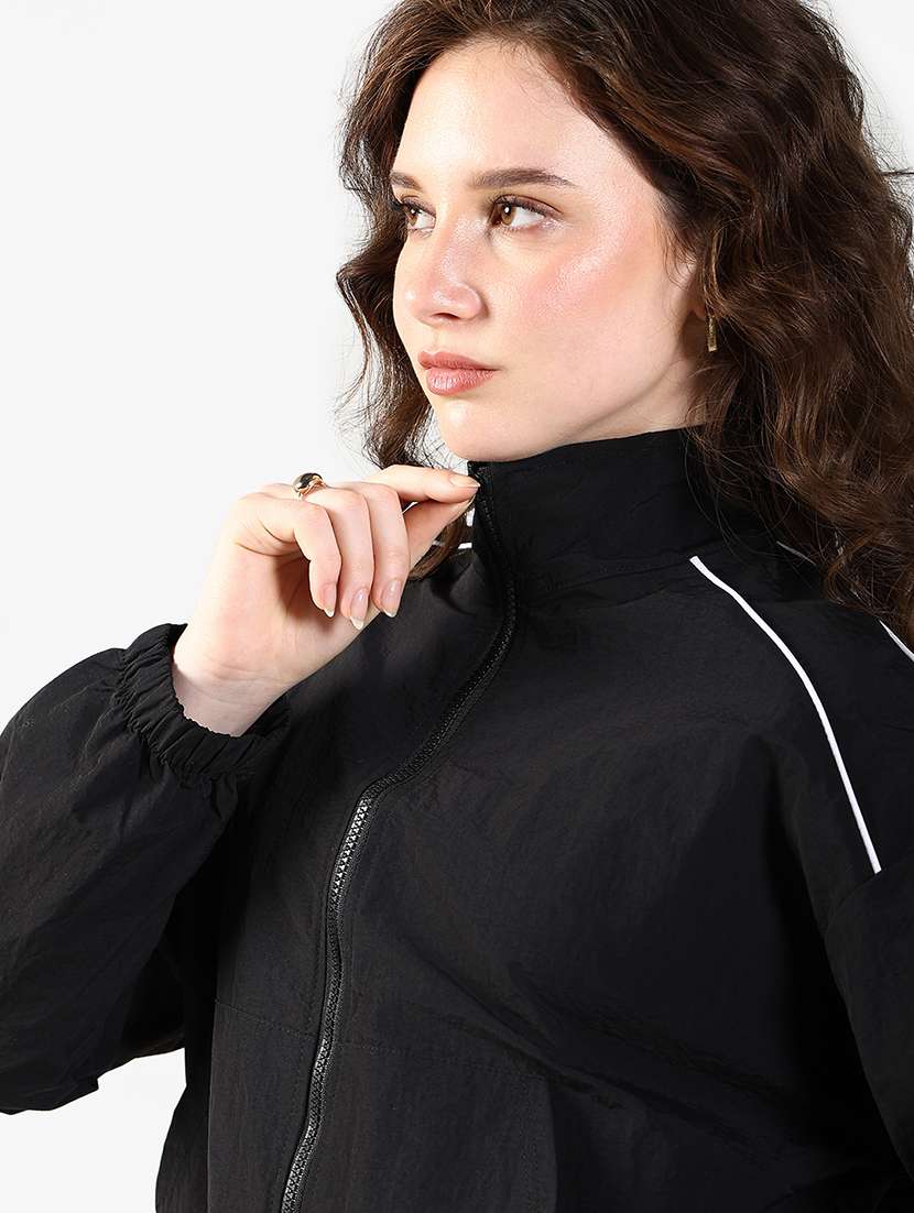 women solid stand collar long sleeve bomber jacket - 22363298 -  Standard Image - 2