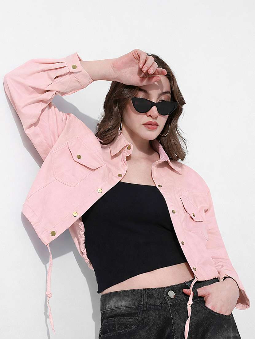women solid collared long sleeve denim jacket