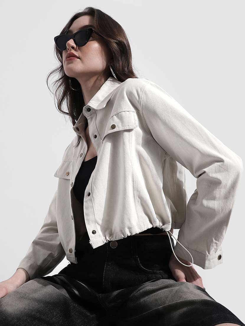 women solid long sleeve denim jacket
