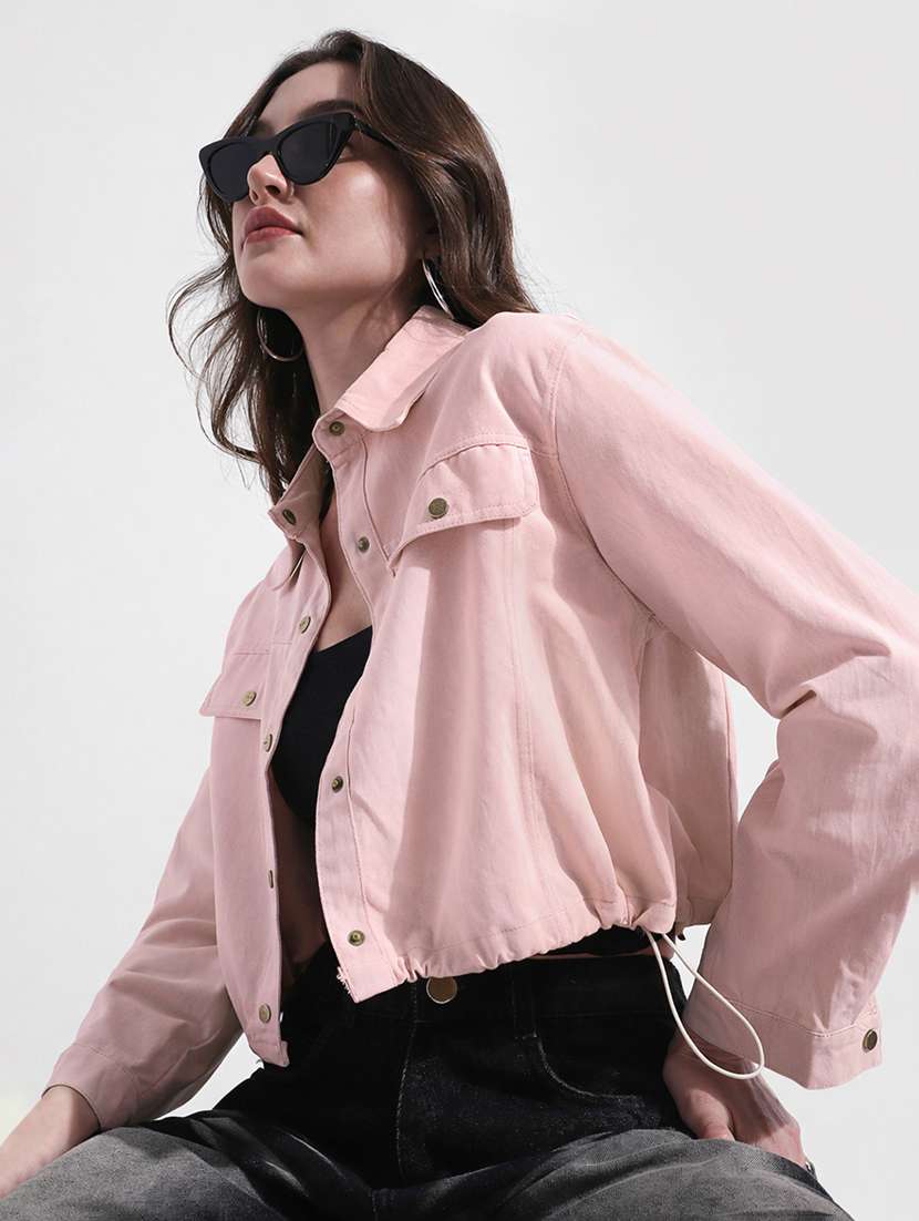 women solid long sleeve crop denim jacket