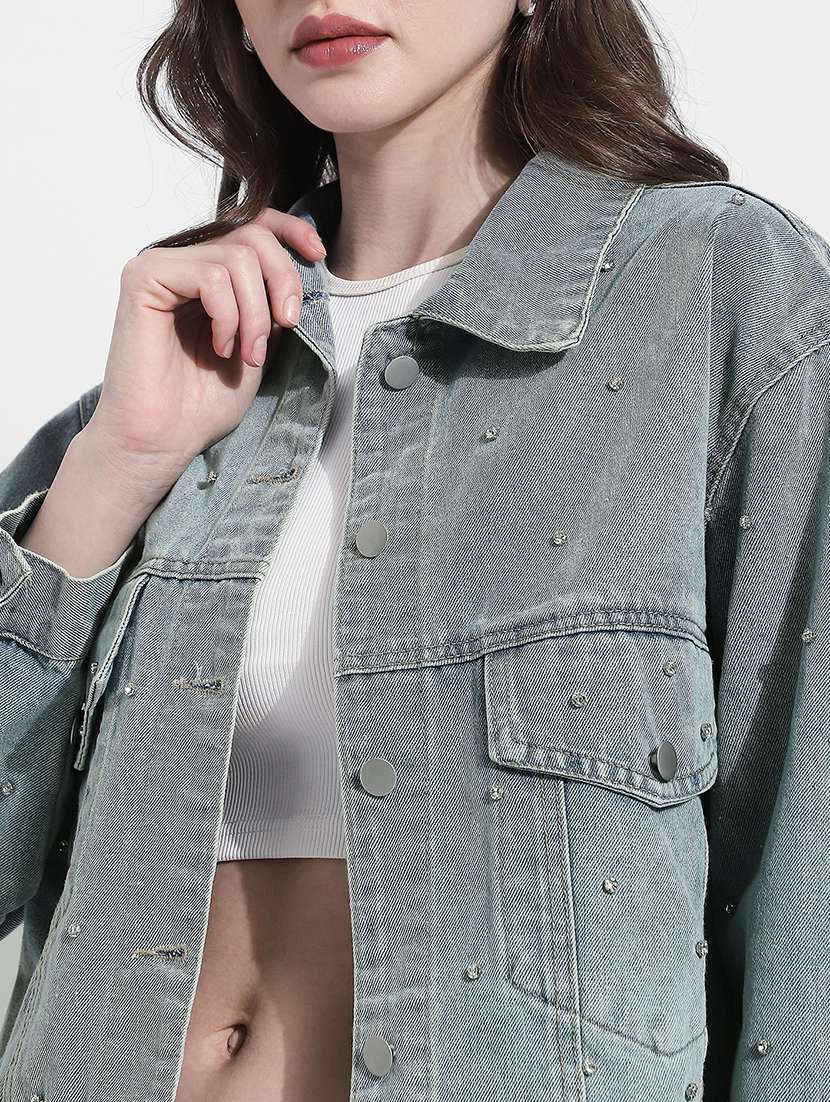 women solid long sleeve denim jacket - 22363310 -  Standard Image - 2