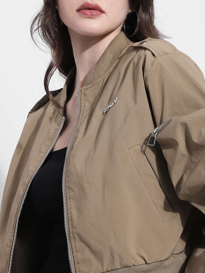women solid long sleeve crop biker jacket - 22363311 -  Standard Image - 2