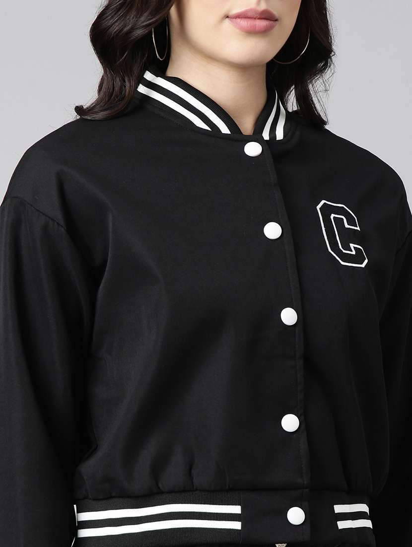 women solid long sleeve crop varsity jacket - 22363313 -  Standard Image - 2
