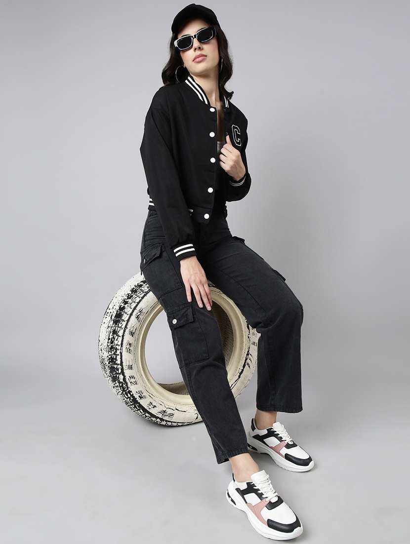 women solid long sleeve crop varsity jacket - 22363313 -  Standard Image - 7