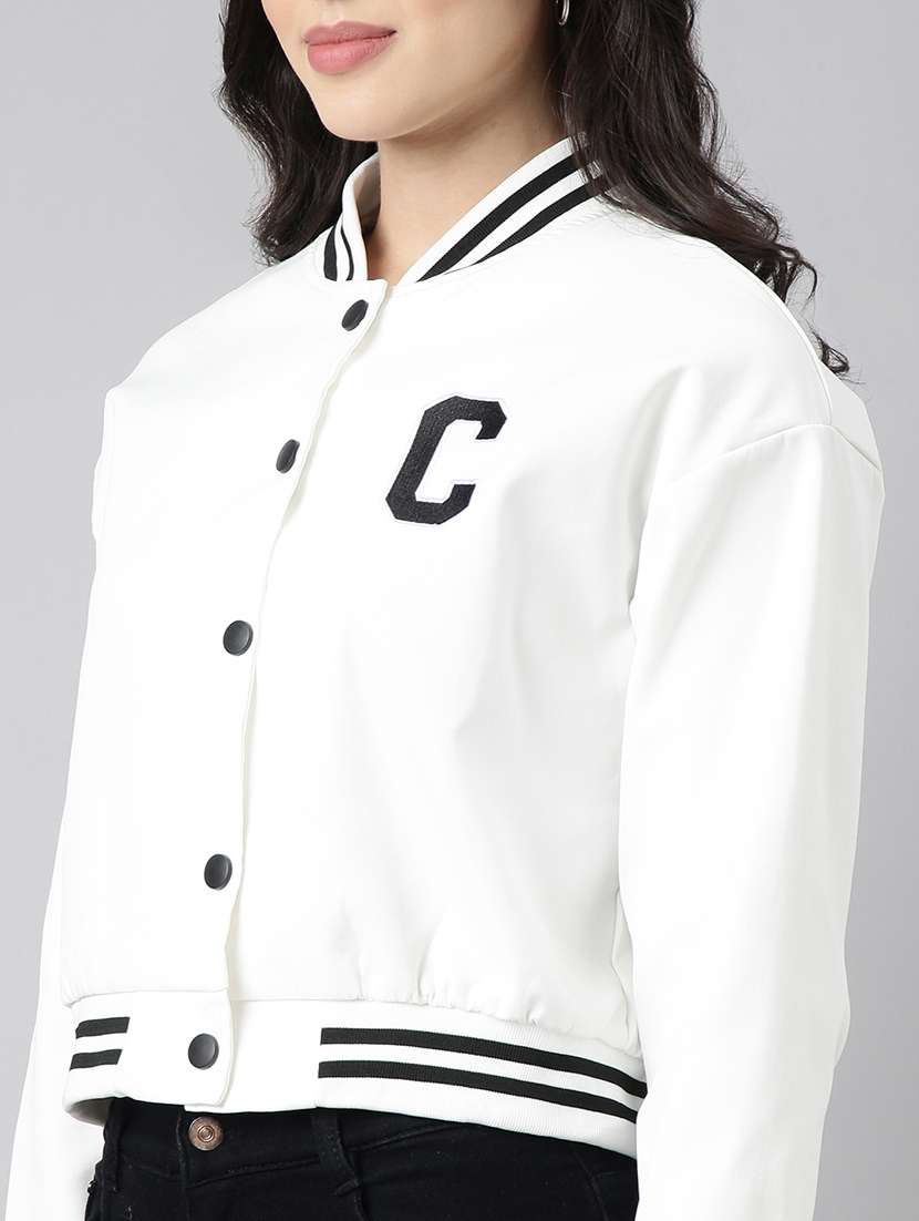 women solid long sleeve crop varsity jacket - 22363314 -  Standard Image - 2