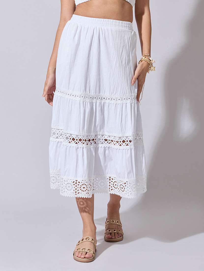 women solid high rise tiered skirt
