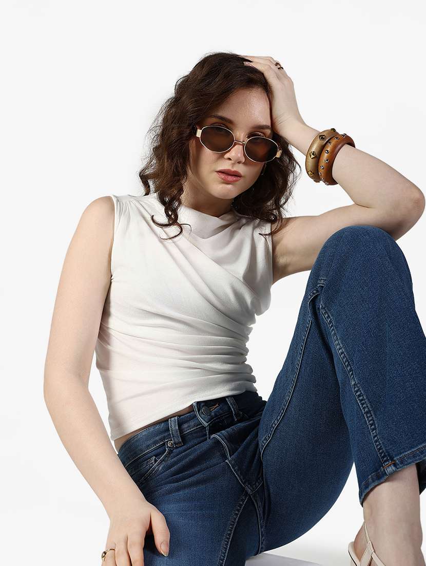 women solid sleeveless ruched top