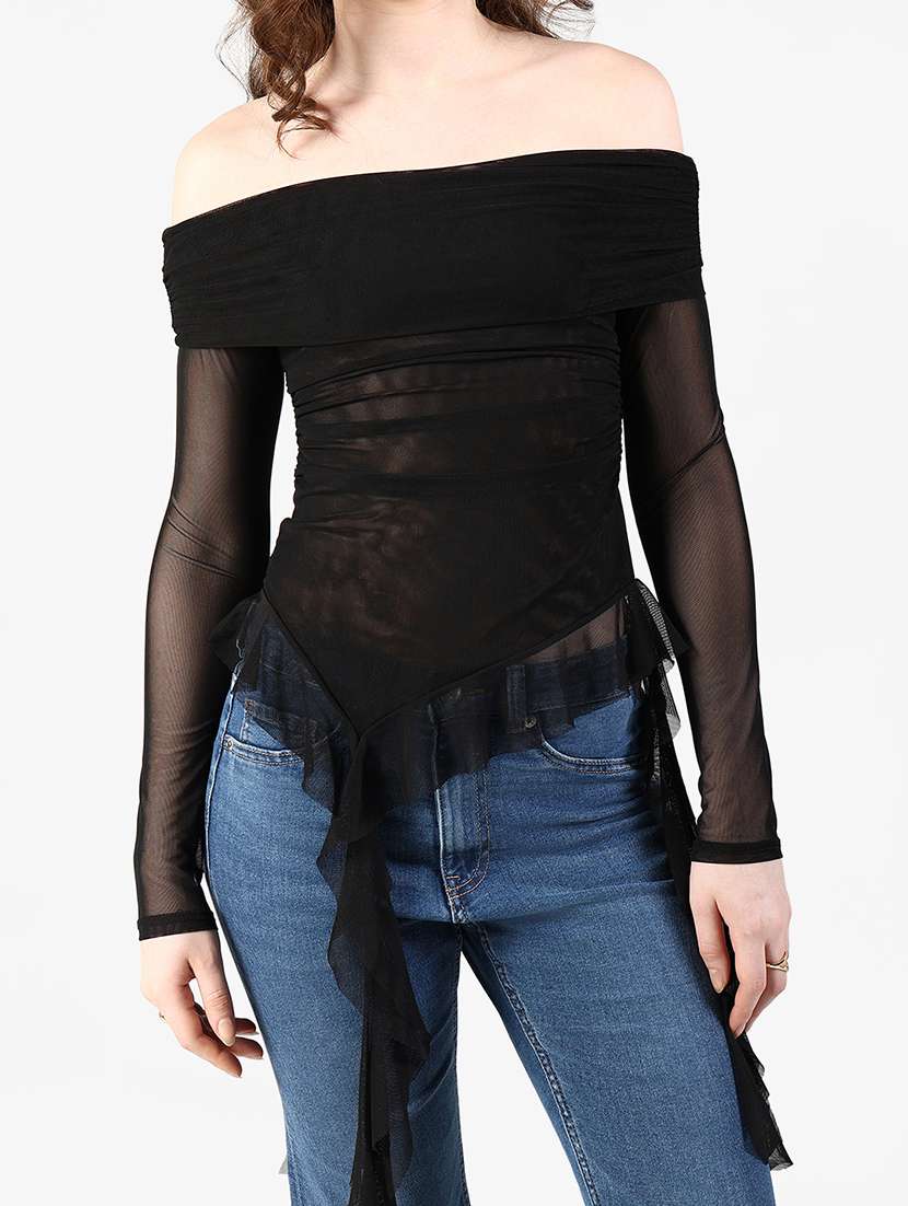 womne solid off shoulder long sleeve asymmetric top - 22363389 -  Standard Image - 2