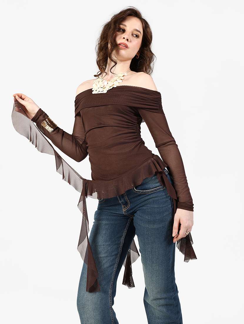women solid off shoulder asymmetric top