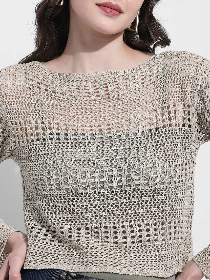 women self designed long sleeve crochet crop top - 22363394 -  Standard Image - 2