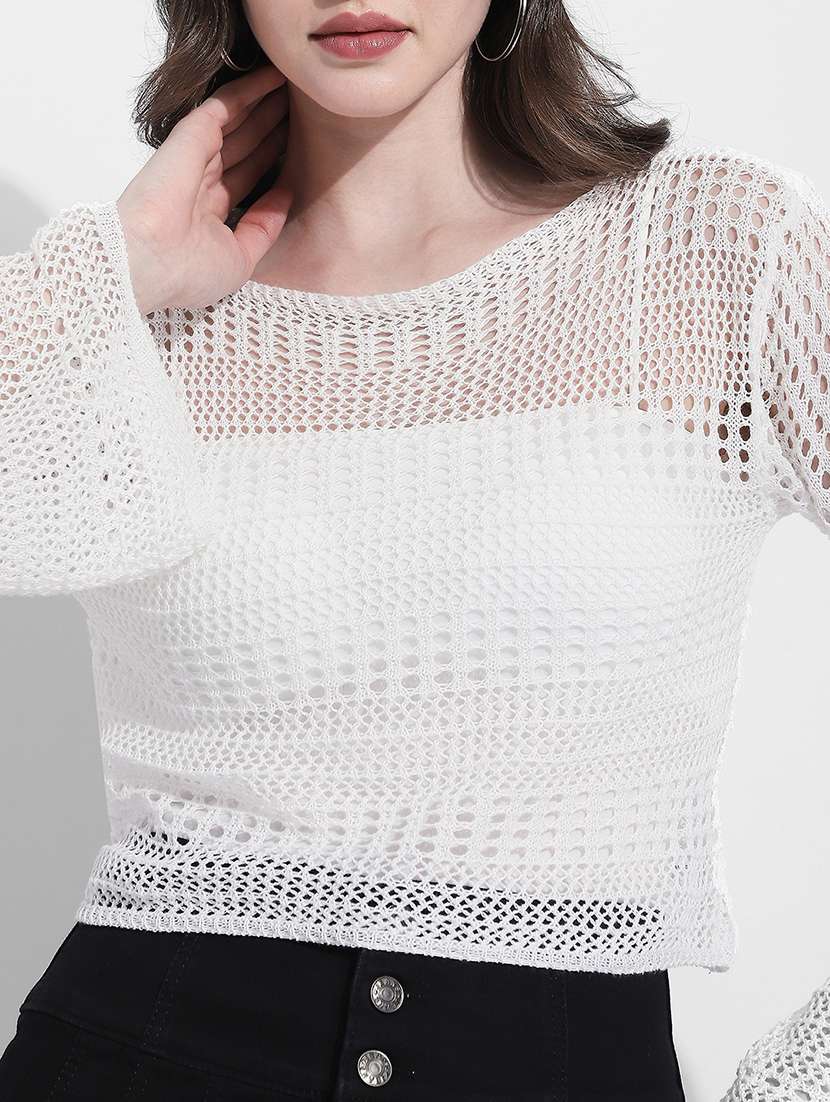 women self designed long sleeve crochet crop top - 22363395 -  Standard Image - 2