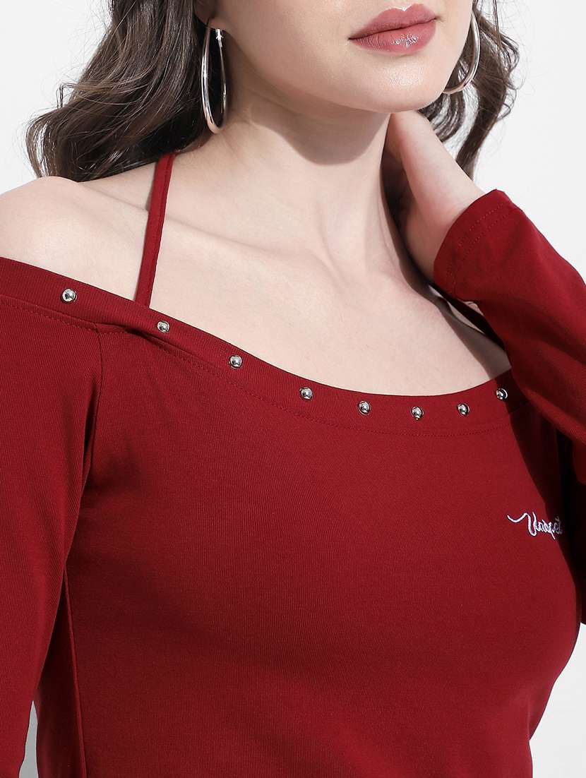 women solid off shoulder long sleeve crop top - 22363402 -  Standard Image - 2