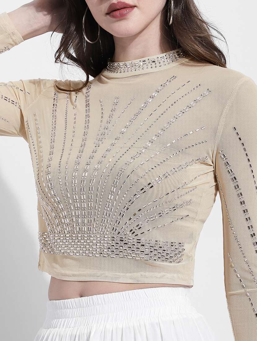 women embellished long sleeve crop top - 22363403 -  Standard Image - 2
