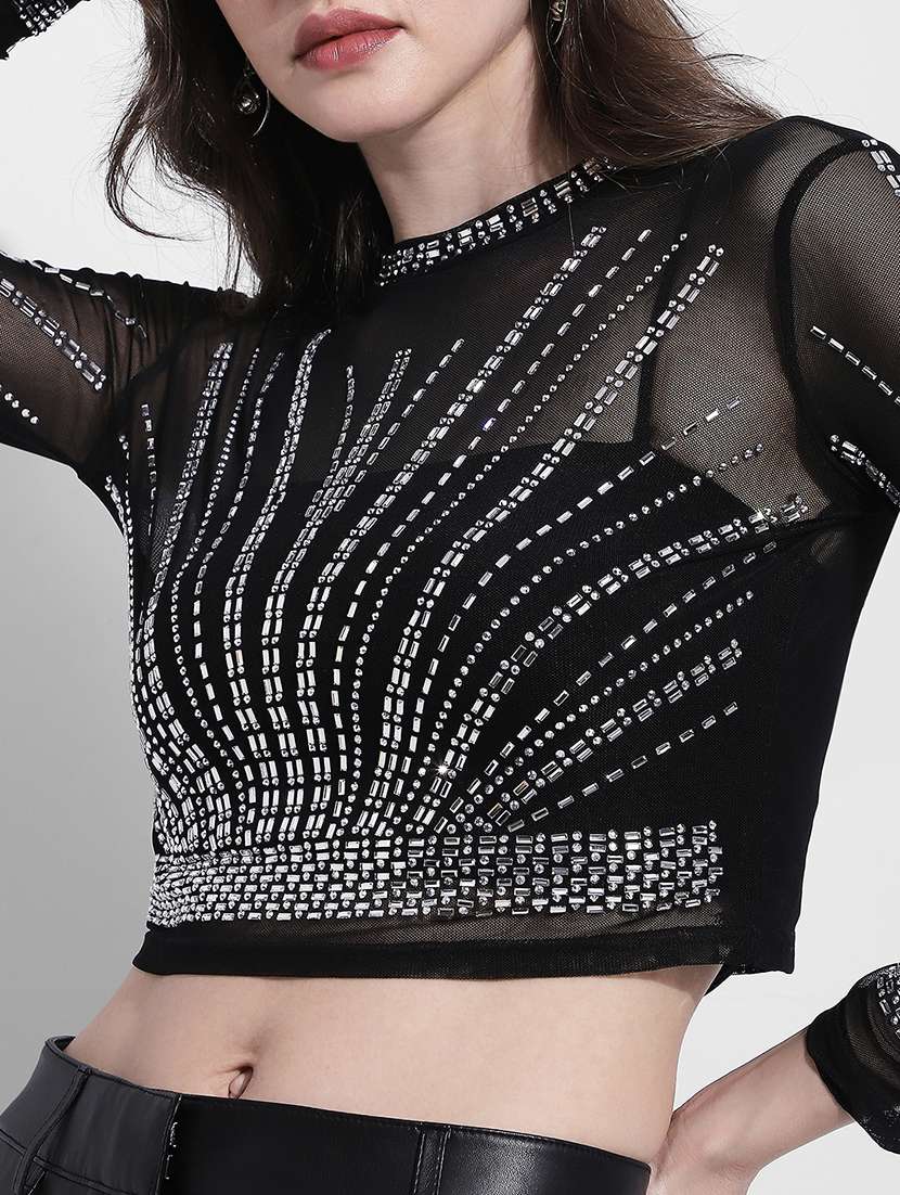 women embellished long sleeve sheer crop top - 22363405 -  Standard Image - 2