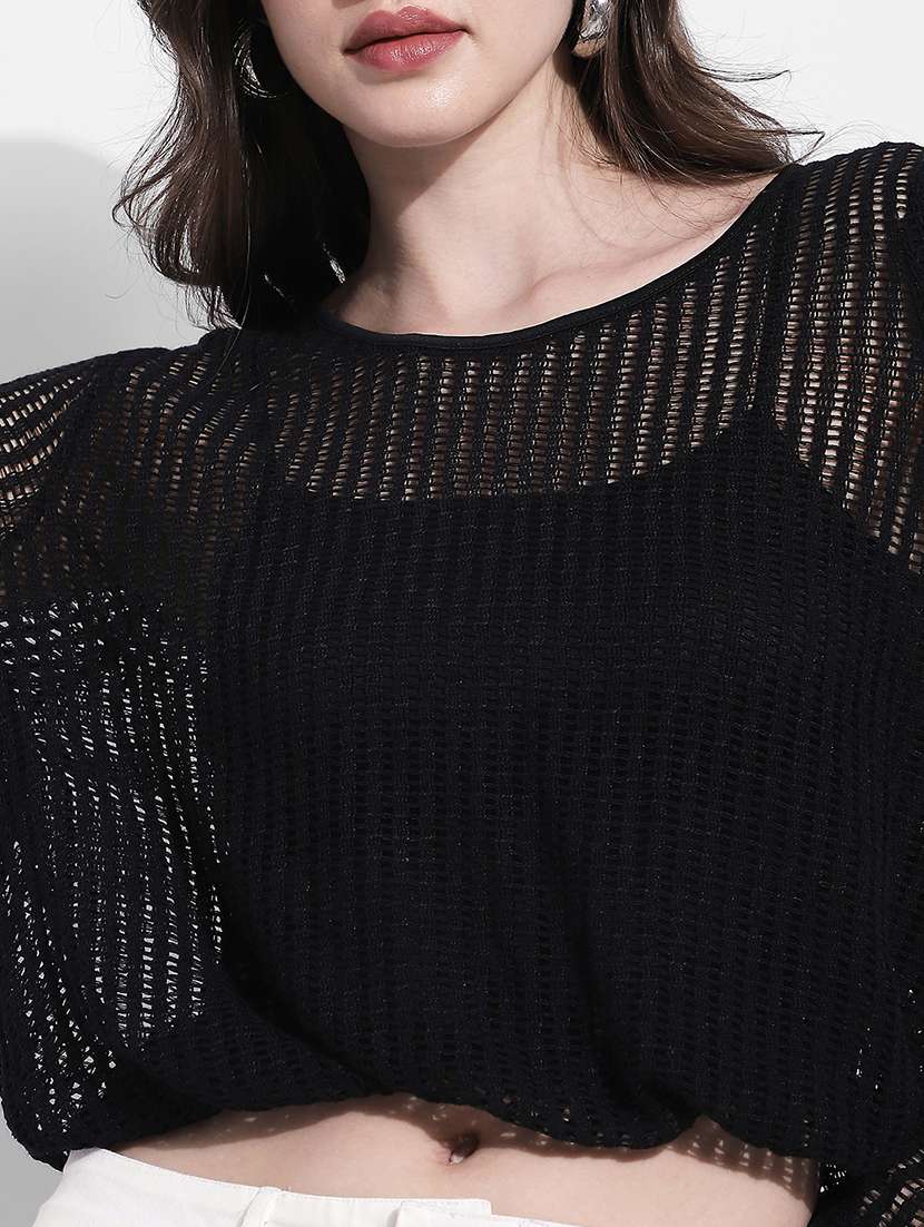 women solid long sleeve sheer crop top - 22363412 -  Standard Image - 2