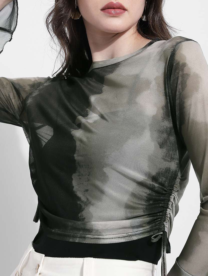 women printed bell sleeve sheer ruched top - 22363418 -  Standard Image - 2