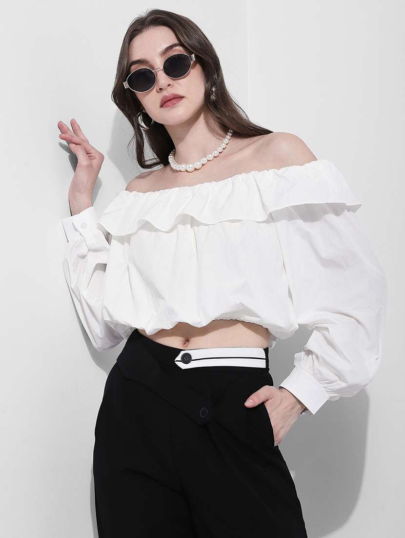 women solid off shoulder long sleeve blouson
