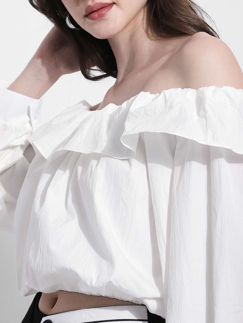 women solid off shoulder long sleeve blouson - 22363420 -  Standard Image - 2