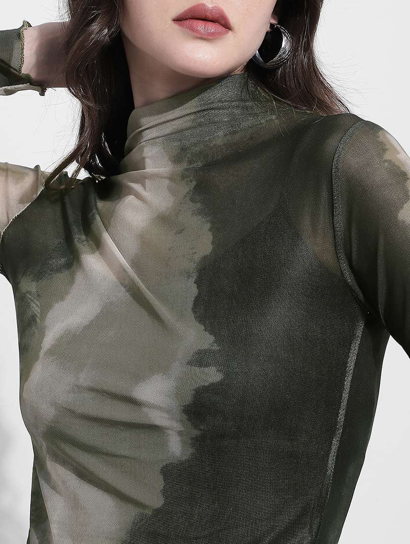 women printed high meck long sleeve sheer top - 22363423 -  Standard Image - 2
