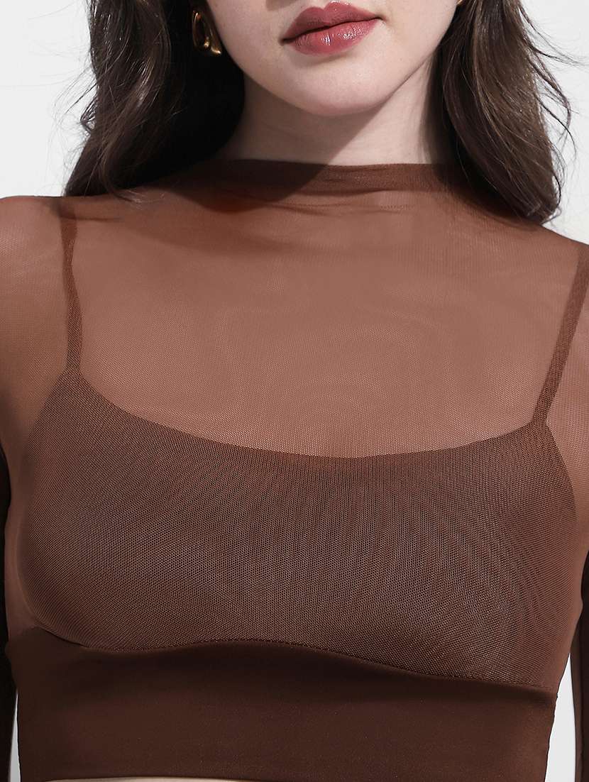 women solid long sleeve sheer crop top - 22363424 -  Standard Image - 2