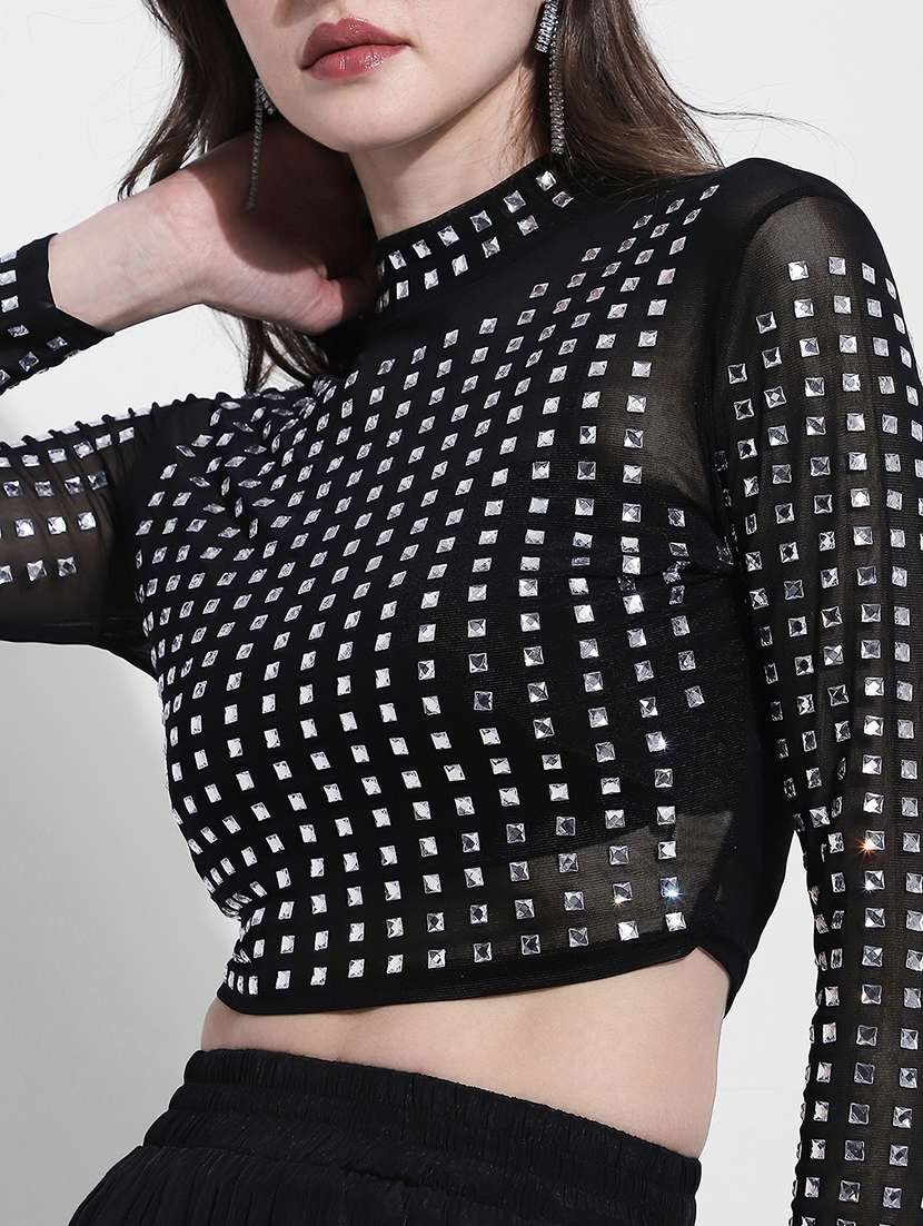 women embellsihed long sleeev crop top - 22363425 -  Standard Image - 2